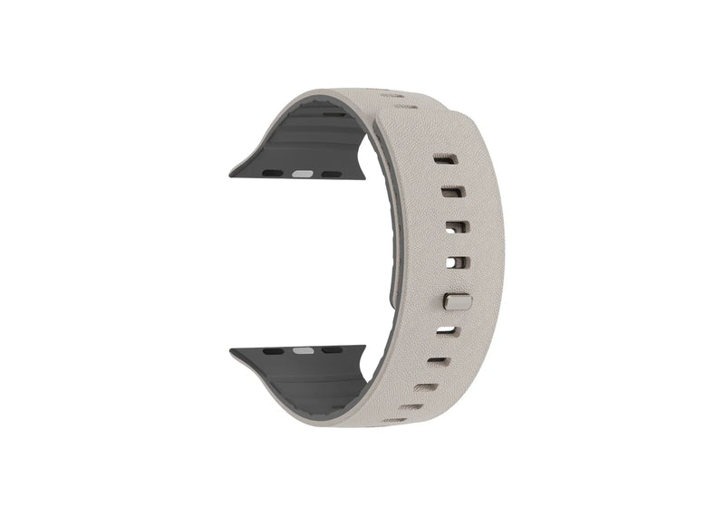 Detailed view of SnapBand cream and grey silicone Apple Watch strap showing the leather-like exterior texture and inner grip pattern