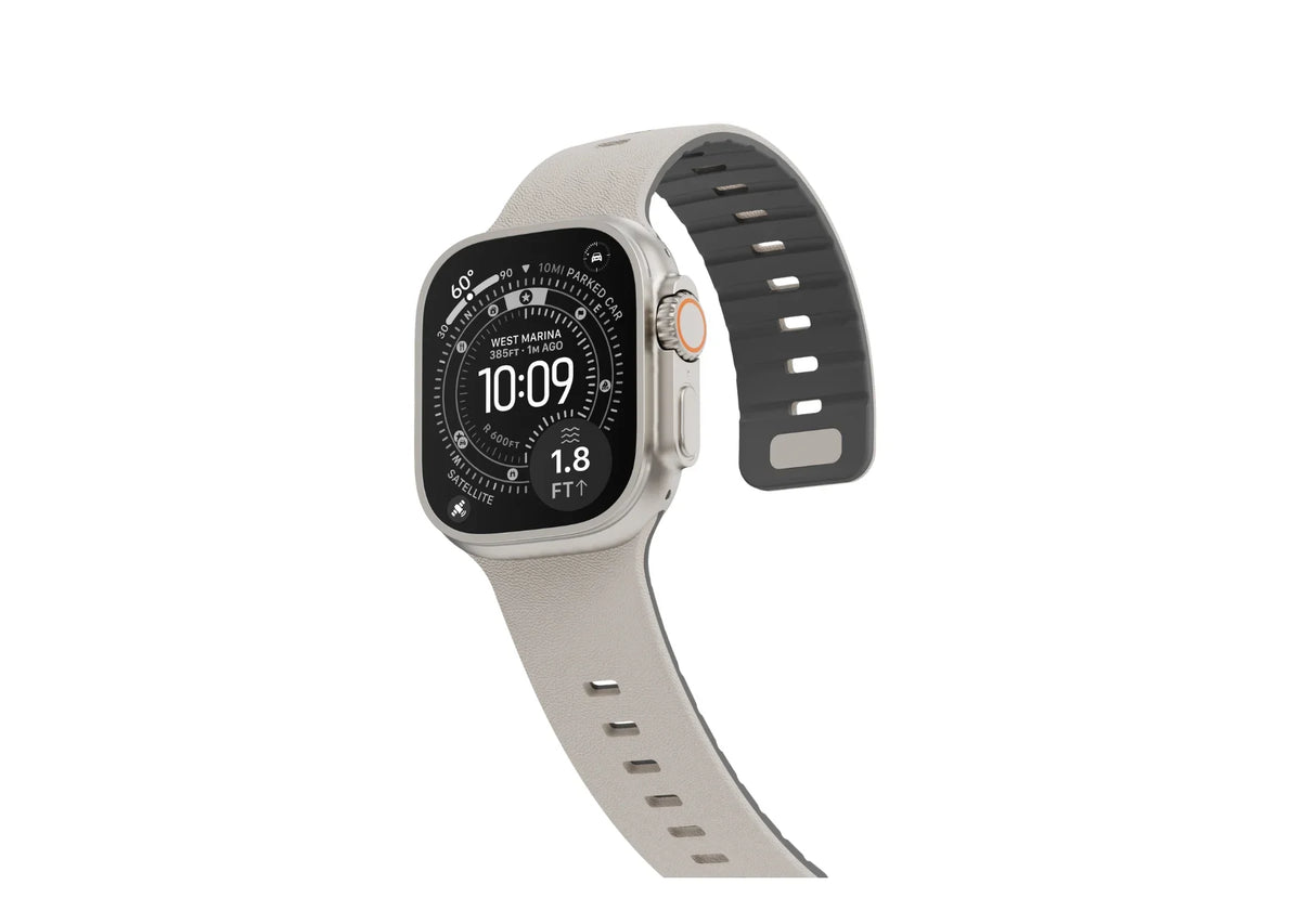 cream SnapBand silicone Apple Watch strap featuring a premium leather-like texture and adjustable perforated design
