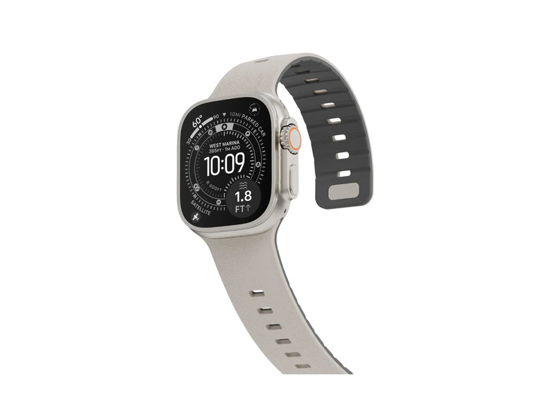 cream SnapBand silicone Apple Watch strap featuring a premium leather-like texture and adjustable perforated design