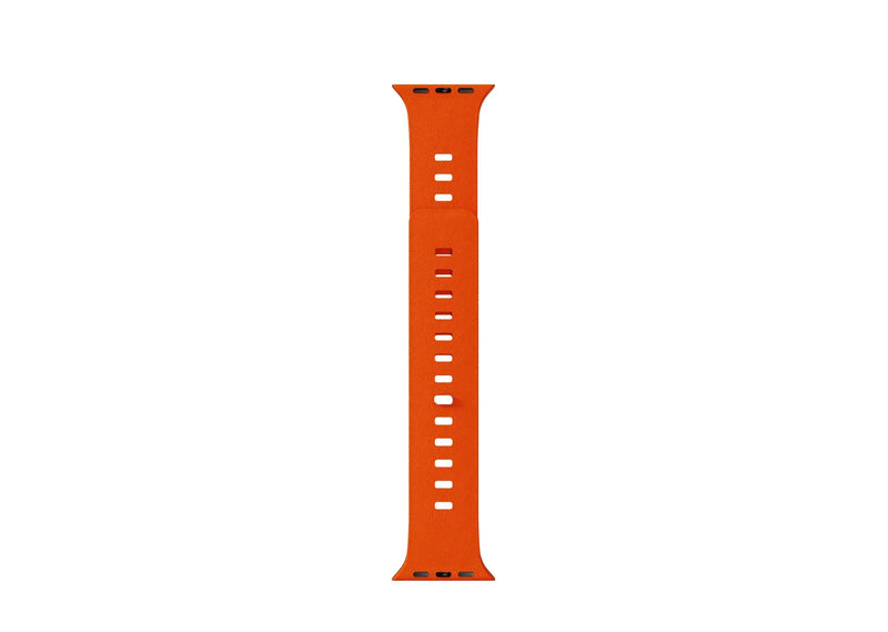 Orange SnapBand Apple Watch strap showing the leather-textured silicone exterior and integrated magnetic pin closure