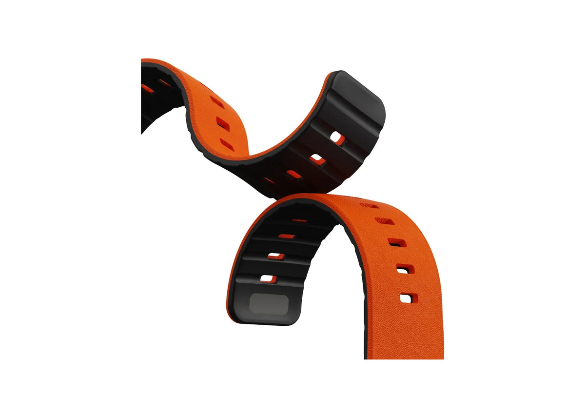 Orange SnapBand leather-textured silicone Apple Watch band shown alongside its black inner surface and adjustment holes