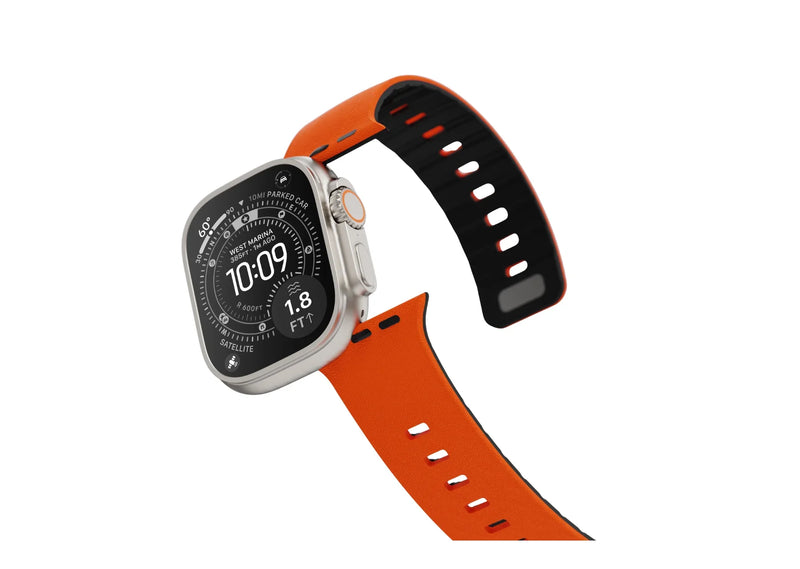 Orange SnapBand leather-textured silicone Apple Watch band shown in a clean product view with adjustable closure holes