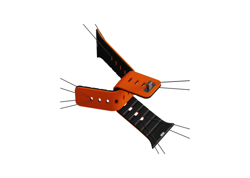 Close-up of an orange SnapBand silicone Apple Watch strap with leather-like texture, adjustment holes and secure closure