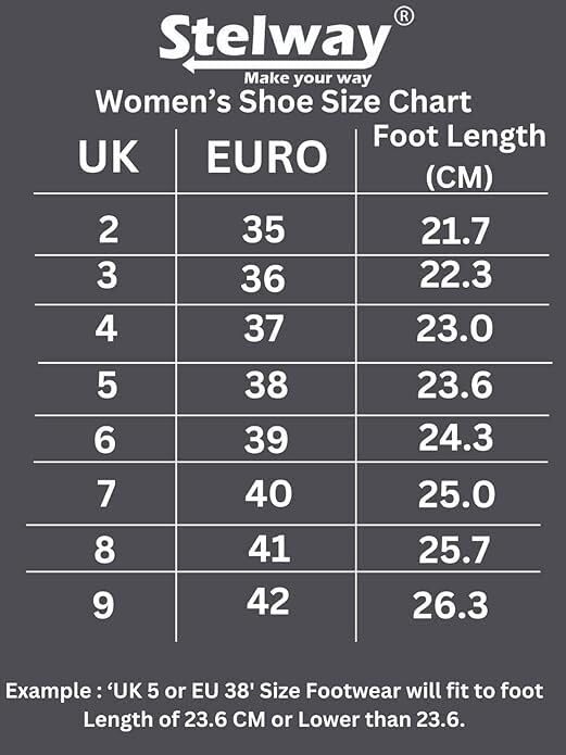 Stelway Women's Shoe SIze Guide chart UK, EU, CM length