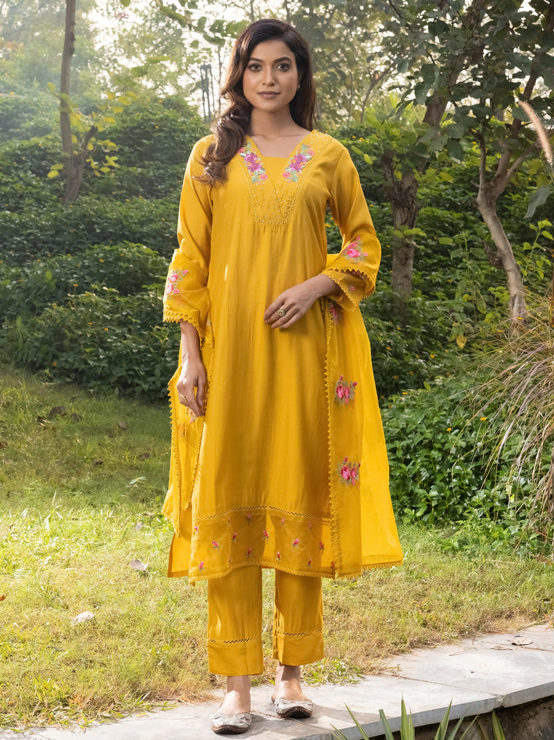 Meera Viscose Chanderi Embroidered Suit Set