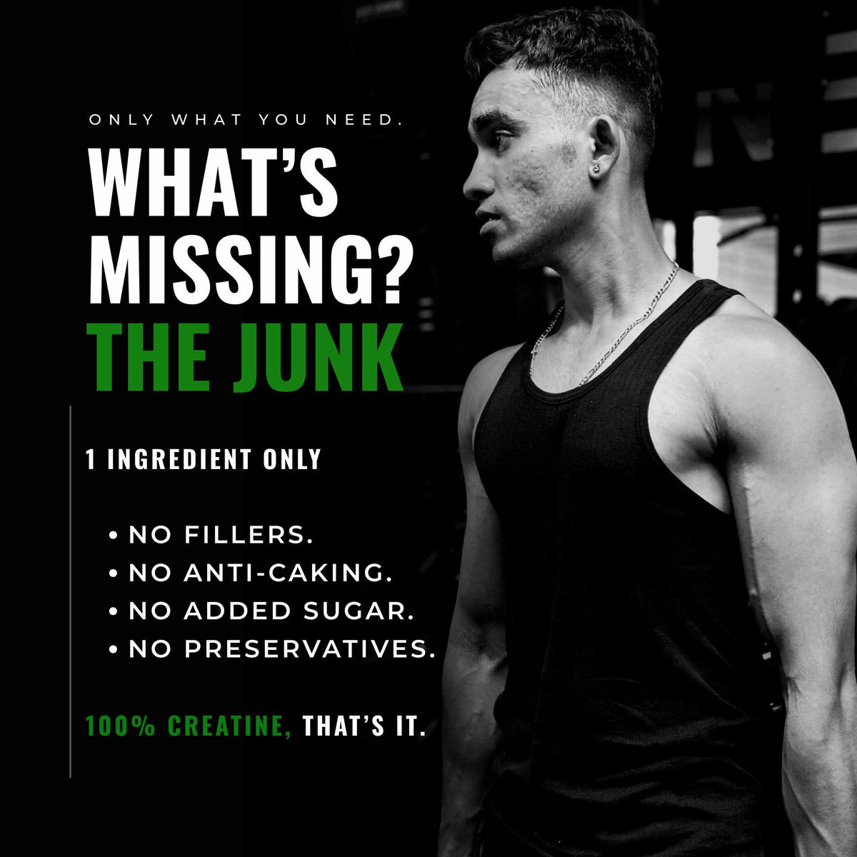 Muscular man in a tank top with fitness product advertisement text on a black background