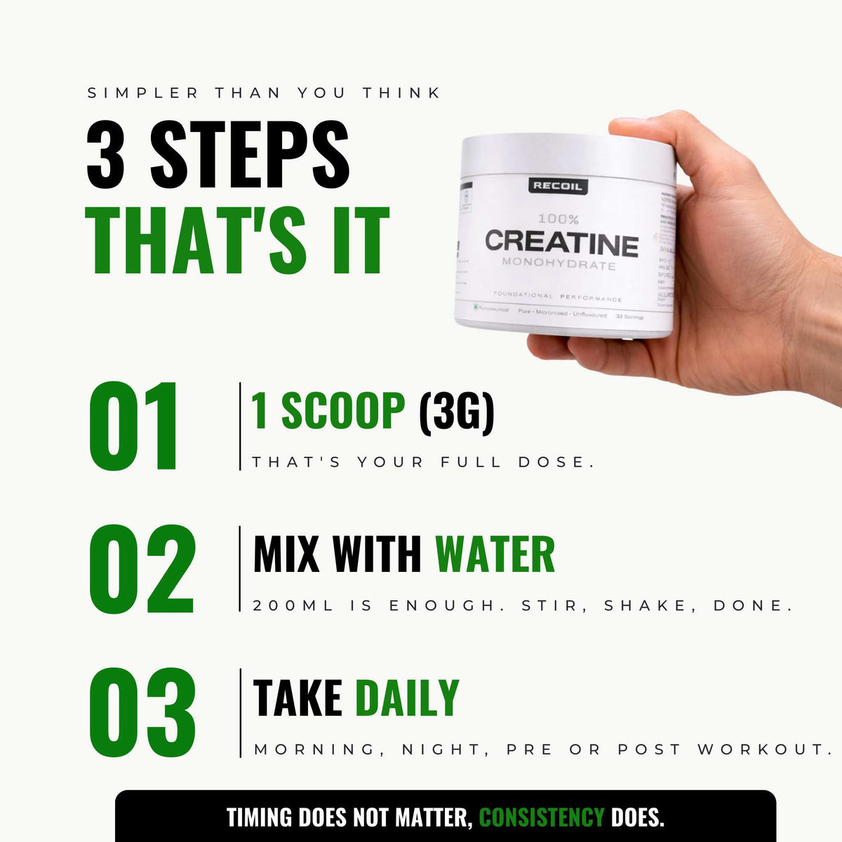 Hand holding a container of creatine powder with instructions on a white background