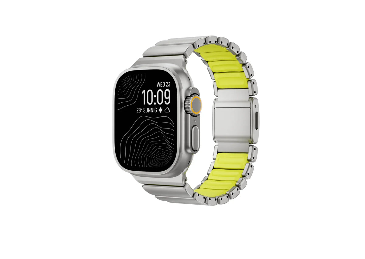 Silver & Green Titanium Fusion Apple Watch Strap with magnetic clasp compatible with Apple Watch Ultra 3, Ultra 2, Ultra, Series 11, Series 10, Series 9, Series 8, Series 7, Series 6, Series 5, Series 4, Series 3, Series 2, Series 1 and SE