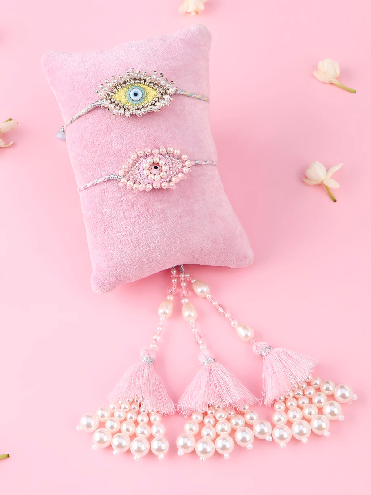 Evil Eye Yellow Rakhi and Evil Eye Flat Pink Lumba