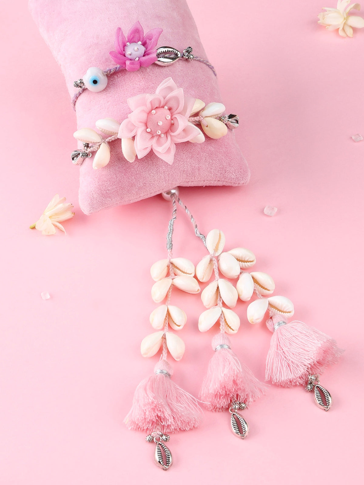 Floral Lilac Evil Eye Rakhi and Floral Cowrie Shell Pink Lumba