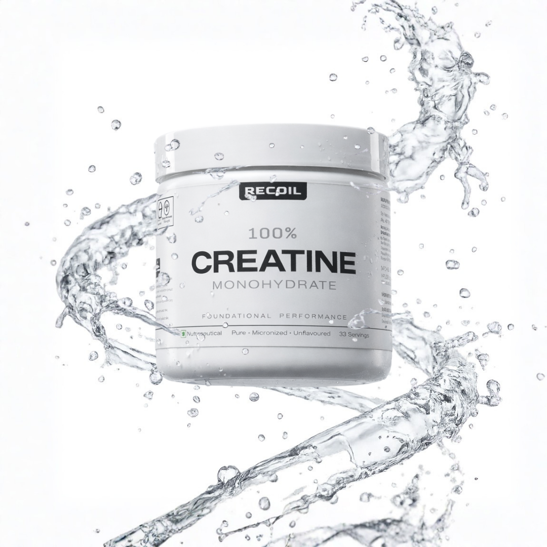 Creatine monohydrate powder container with water splash on a white background