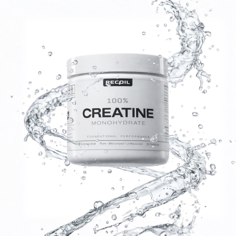Creatine monohydrate powder container with water splash on a white background
