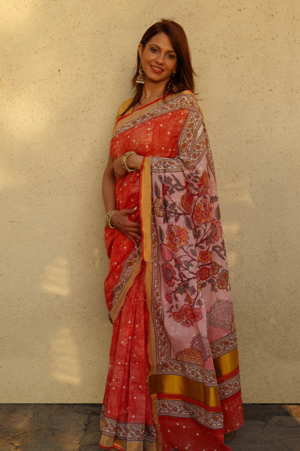 Cotton Kasavu Saree,Tree of Life Design • Coral