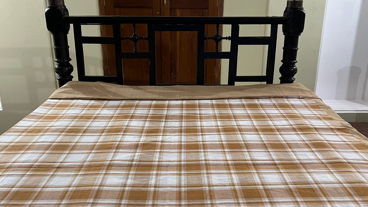 Coffee Checks, handloom cotton single bedsheet (no pillow covers)-16