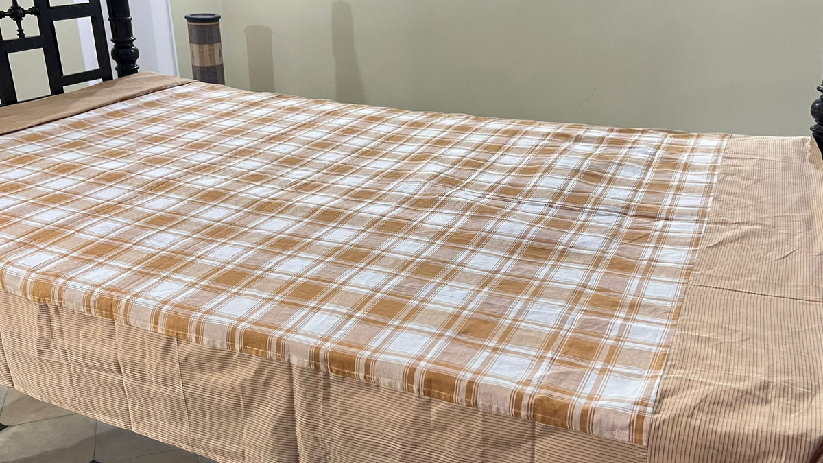 Coffee Checks, handloom cotton single bedsheet (no pillow covers)-17