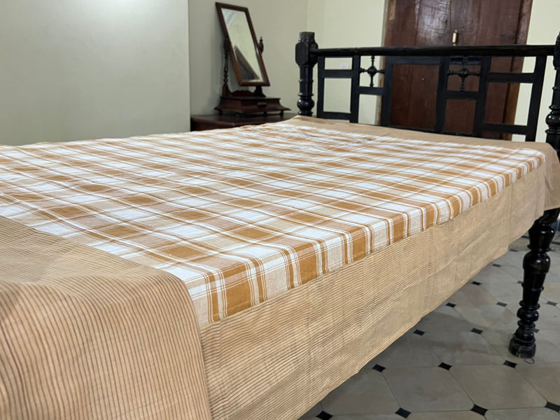 Coffee Checks, handloom cotton single bedsheet (no pillow covers)-1