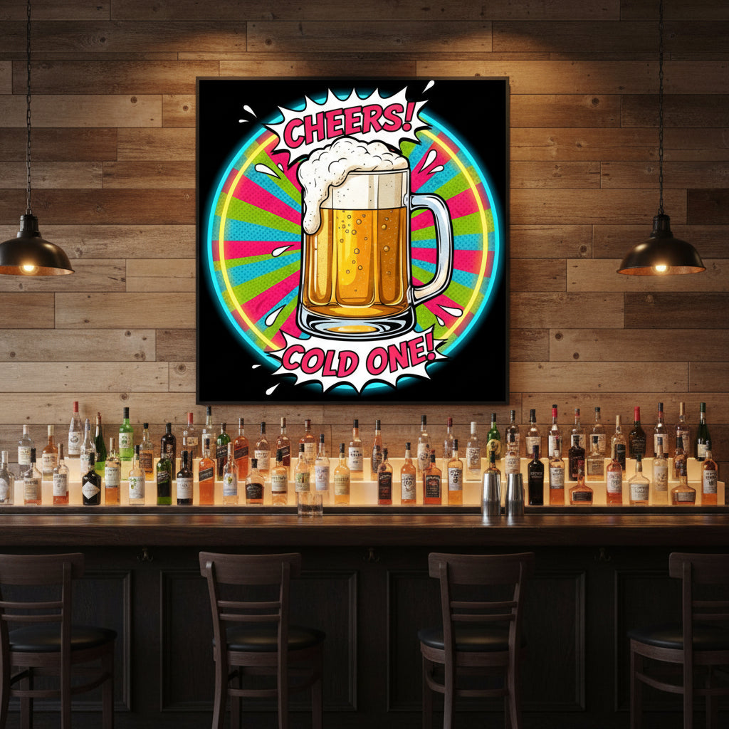 Cheers Cold One Beer Pop Art Neon Sign – Retro Bar Wall Decor( 18x18 inches) | Neon Signs India — Image 2