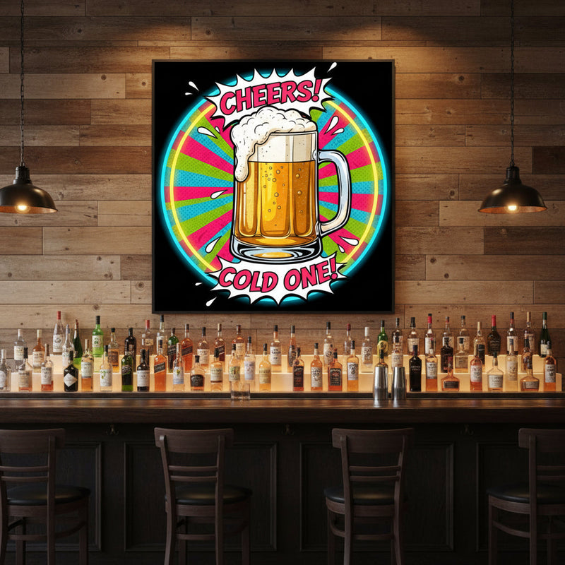 Cheers Cold One Beer Pop Art Neon Sign – Retro Bar Wall Decor( 18x18 inches) | Neon Signs India — Image 2