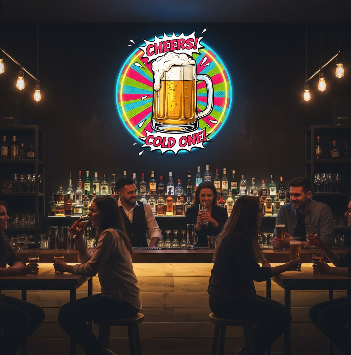 Cheers Cold One Beer Pop Art Neon Sign – Retro Bar Wall Decor( 18x18 inches) | Neon Signs India — Image 1