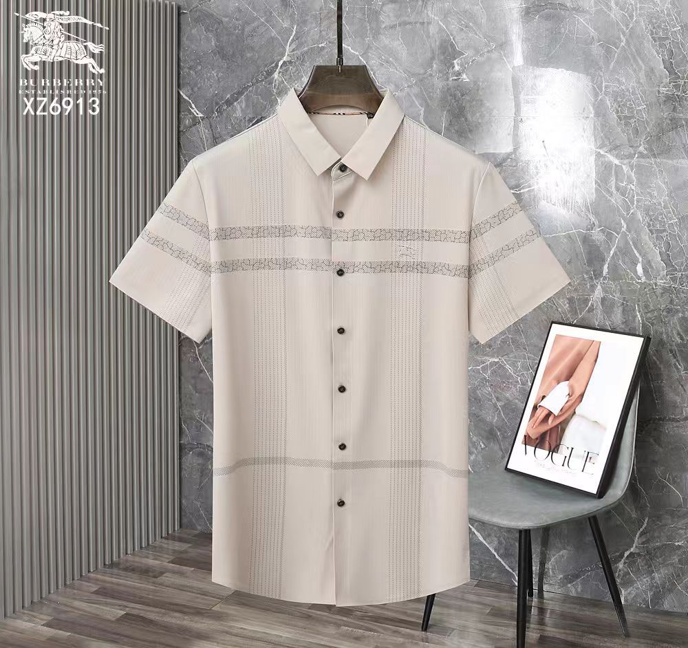 BURBERRY || Men’s Short-Sleeve Casual Button-Down Shirt – Horizontal Textured Stripe Detail