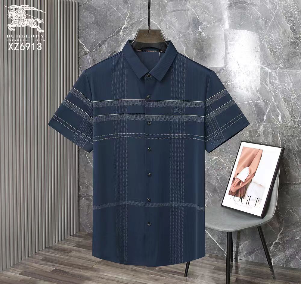 BURBERRY || Men’s Short-Sleeve Casual Button-Down Shirt – Horizontal Textured Stripe Detail