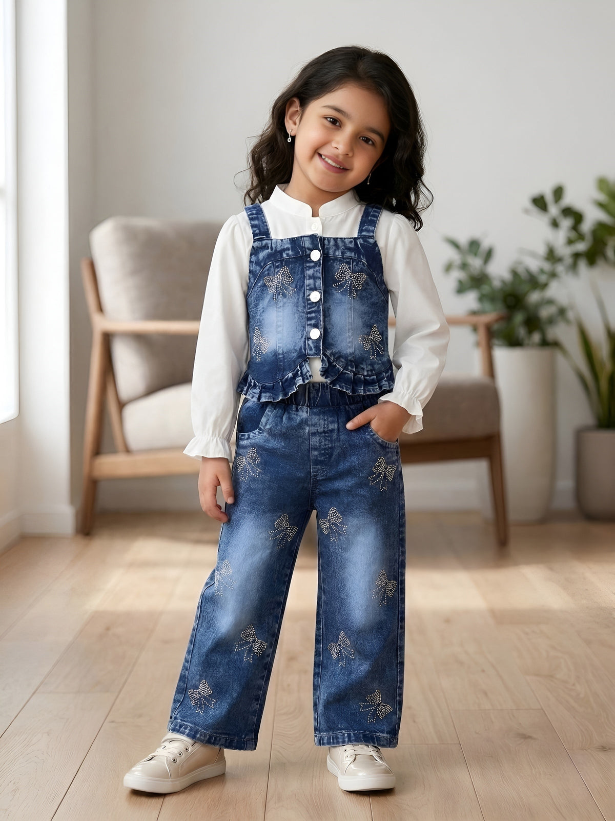 Girls 3Pcs Embellished Blue Co-Ord Set [GCS-1J-6920] (4-12Years)