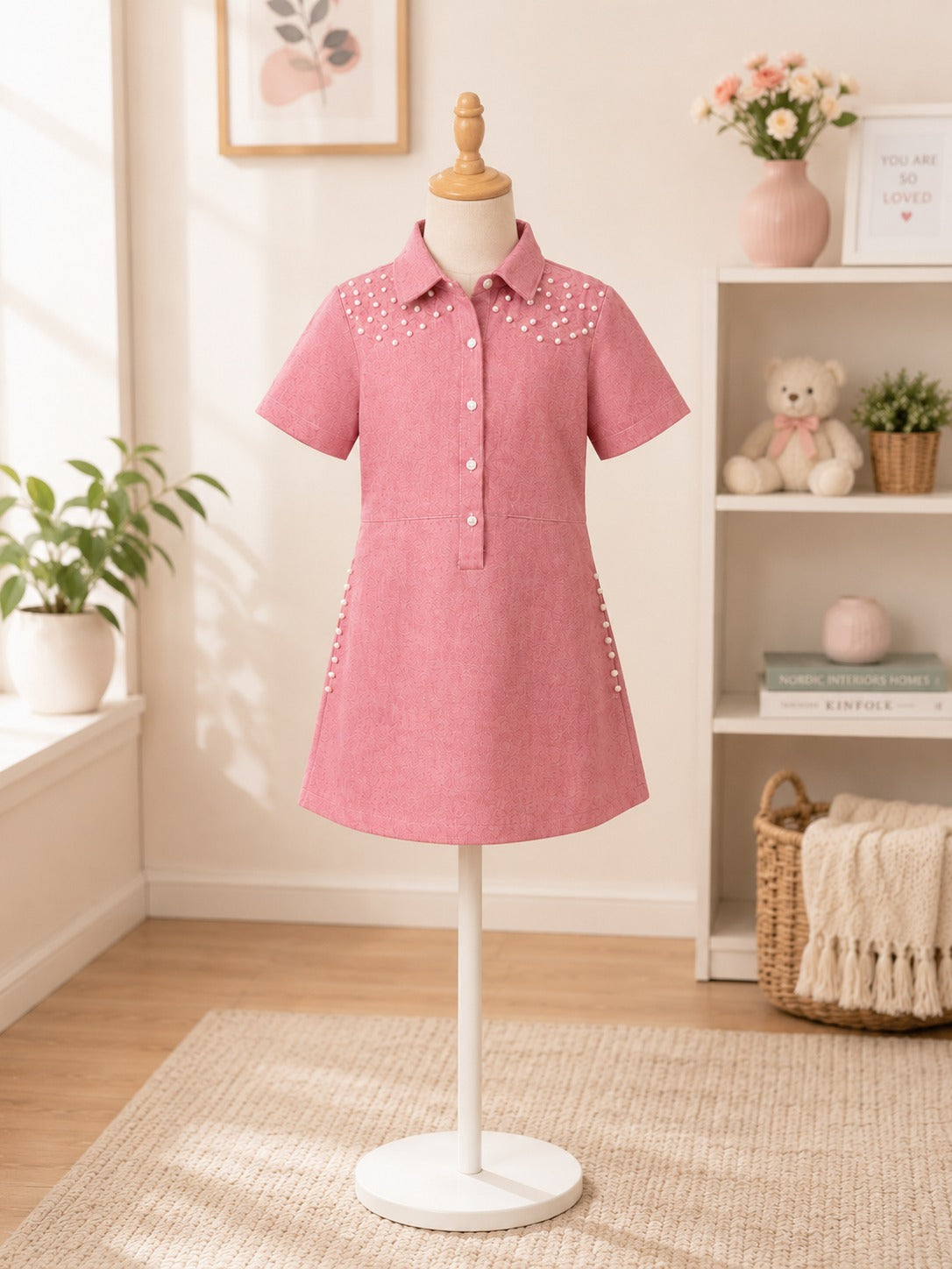 Pearl Stud Shirt Dress – Blush Pink