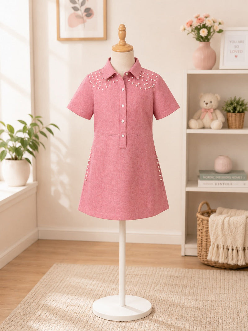 Pearl Stud Shirt Dress – Blush Pink