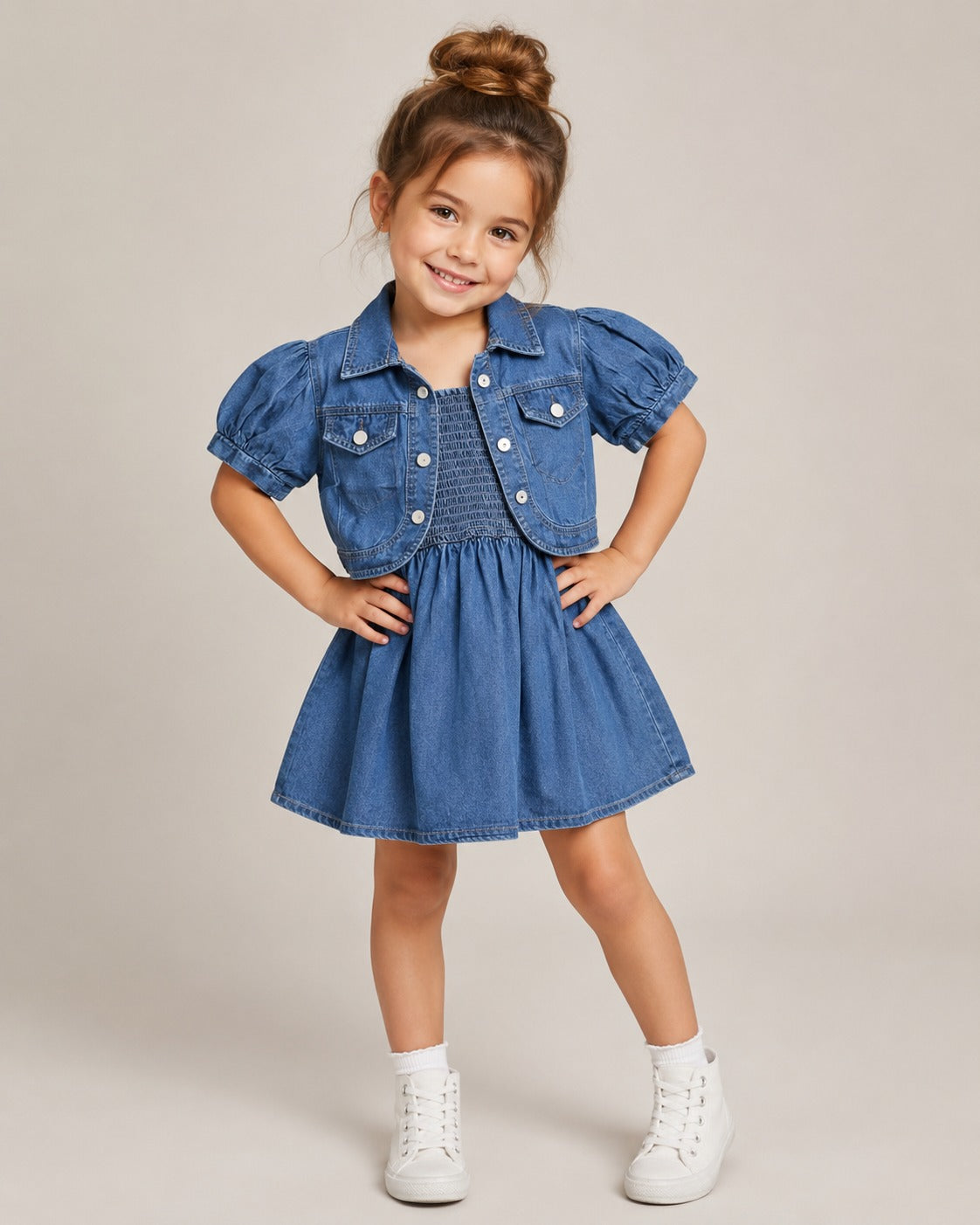 GIRLS MEDIUM BLUE DENIM ONEPIECE WITH JACKET [GD-1B-4570 ] (4-12Years)
