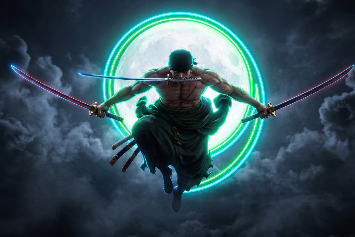 Roronoa Zoro LED Neon Wall Art – Three Sword Style Anime UV Print with Neon Glow for Gaming Room
