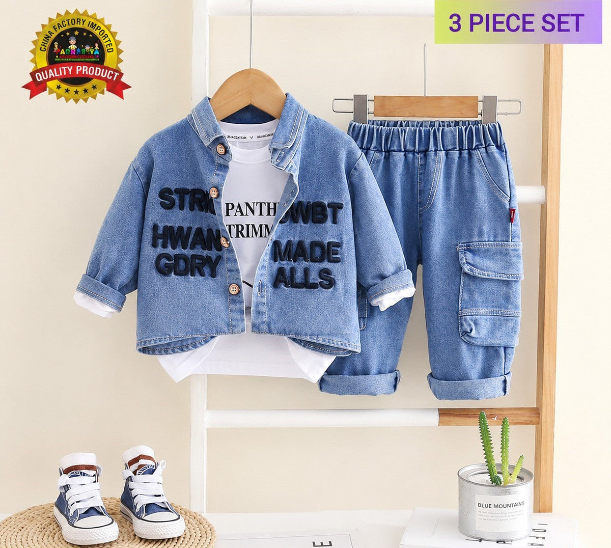 Boys 3 Pcs Imported Denim Blue Cord Set [BT-P-2789] [1 - 6 Years]