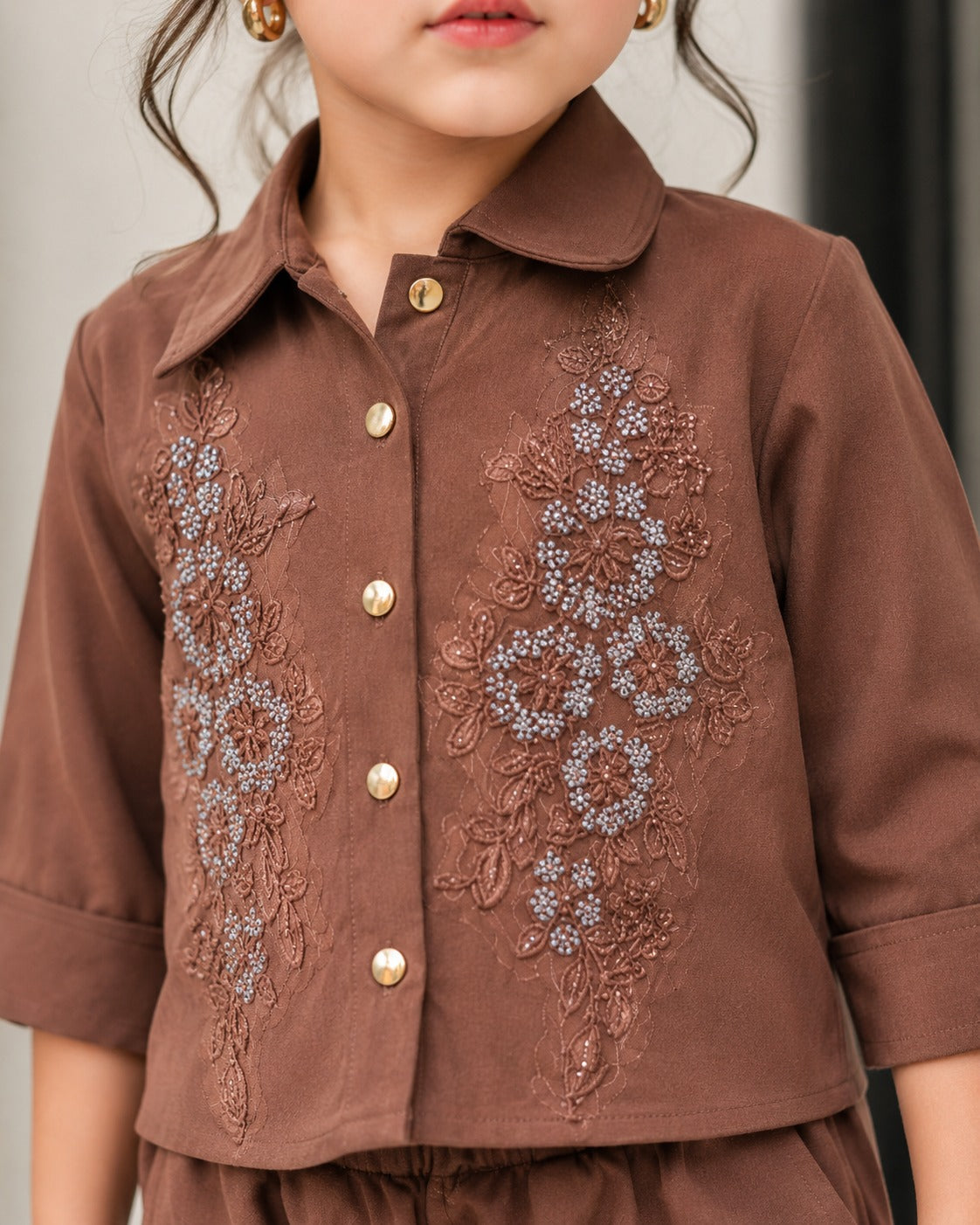 Girls Brown Embroidered Co-Ord Set [GCS-4H-8487] (4-12 Years)