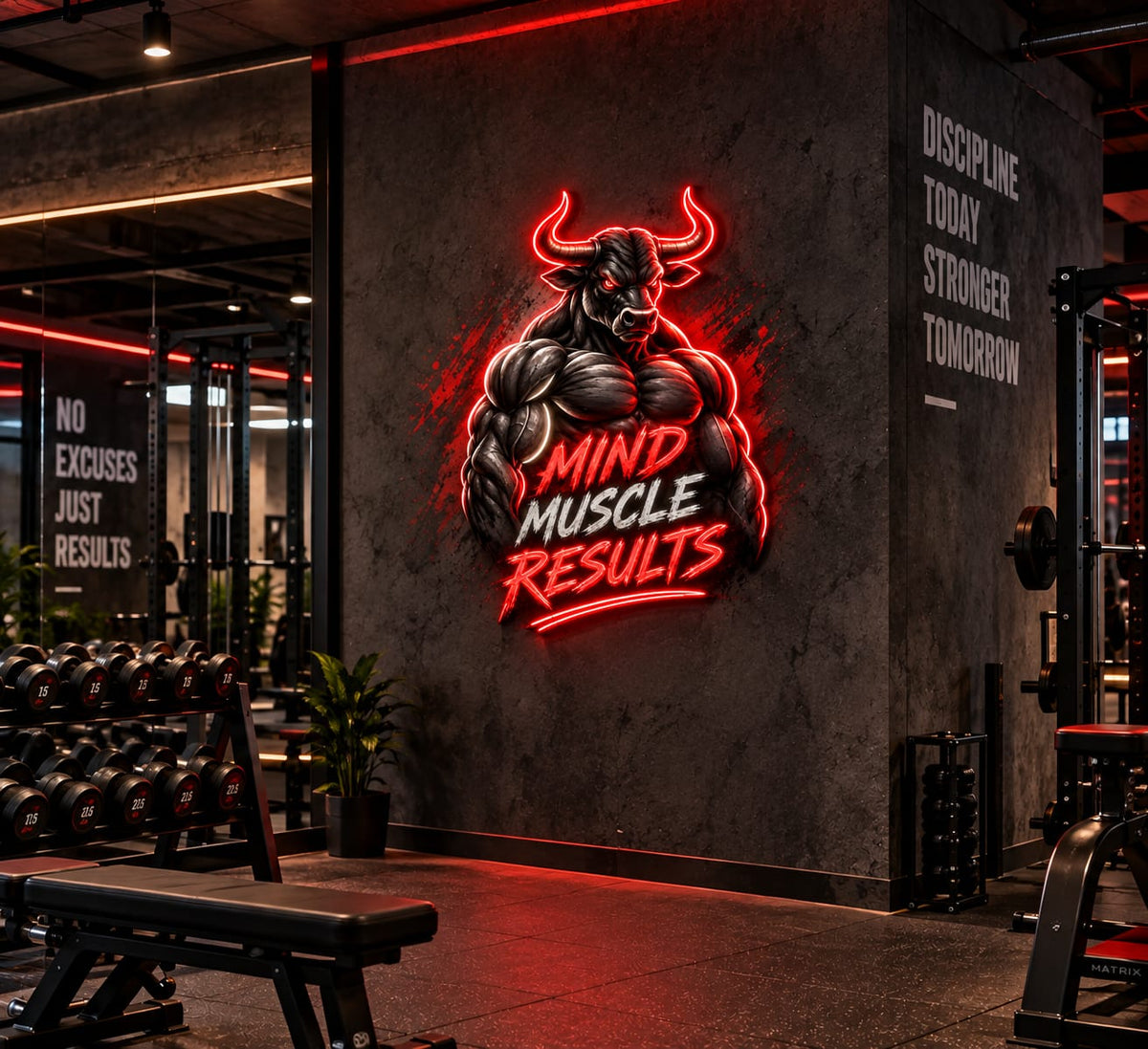 Bull Mind Muscle Results LED Neon Sign – Gym Motivation Wall Decor-1