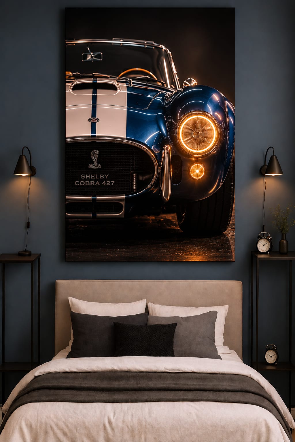 Shelby Cobra 427 Classic Car Wall Art – Blue & White Vintage Sports Car neon wall art-1