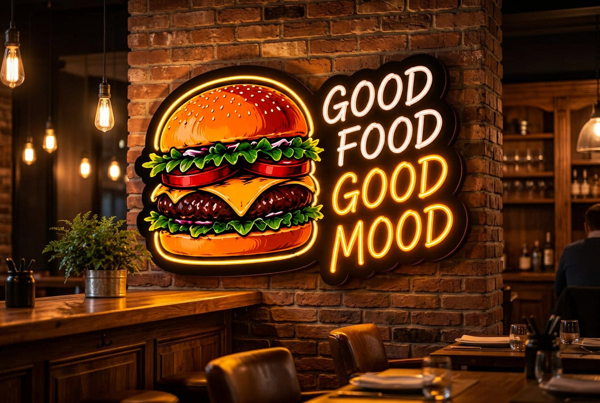 Good Food Good Mood Burger Neon Sign – LED Wall Light for Restaurants & Cafés