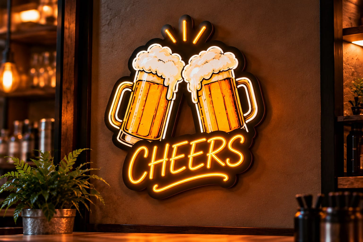 Cheers Beer Mugs Neon Sign – Orange LED Wall Light for Bars, Pubs & Restaurants-1