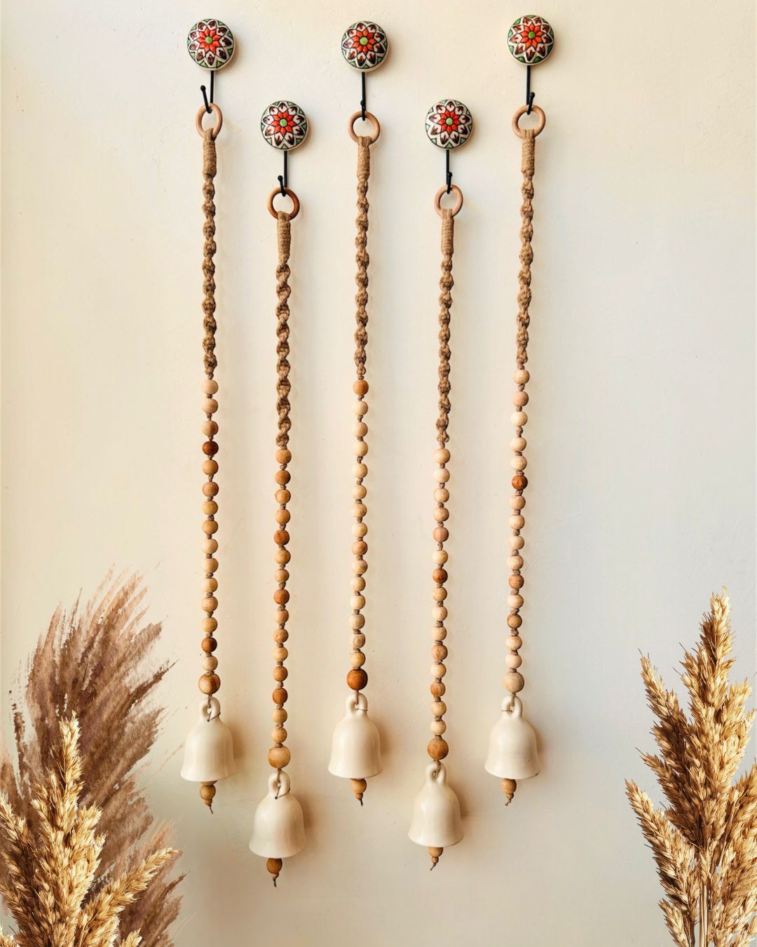 Rustic | Boho Ivory |Backdrop Ceramic Bells | With Ceramic Wall Hooks