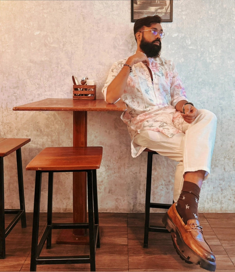Raees Vibes — Men's Floral Printed Designer Kurta | Khadi Linen Ethnic Wear | Kurtaloom