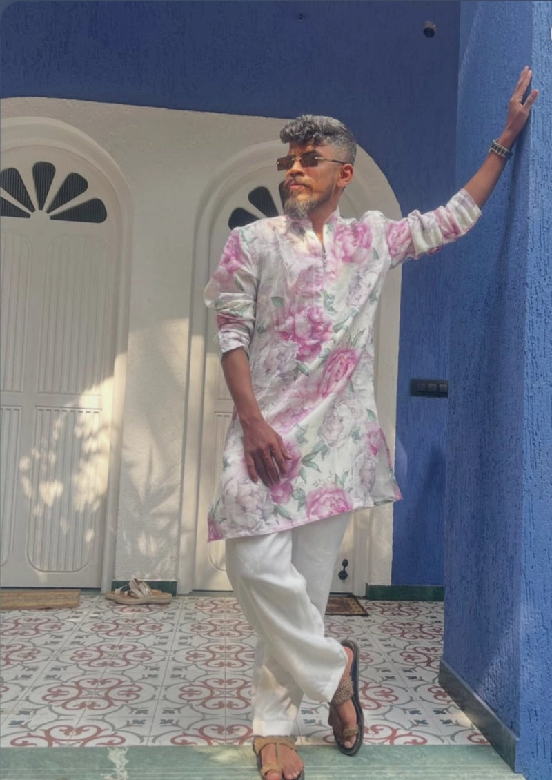 Raees Vibes — Men's Floral Printed Designer Kurta | Khadi Linen Ethnic Wear | Kurtaloom