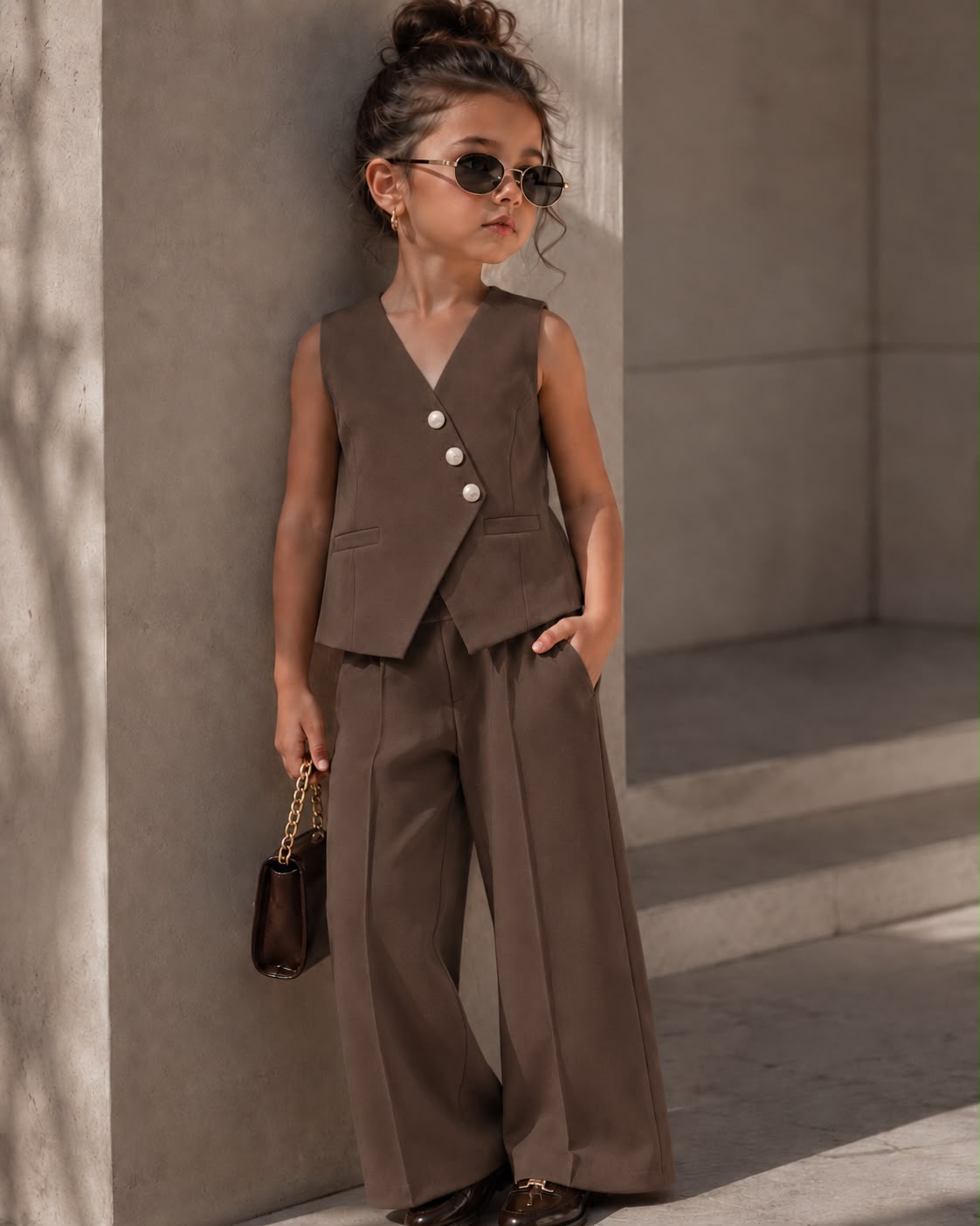 Girls Imported Brown Waist Coat Co-ord Set [GCS-2E-2580] (4-12 Years)