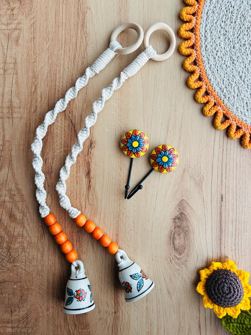 KESARI | Panchratna Temple Chimes | Ceramic Macrame Bells with Ceramic Hooks