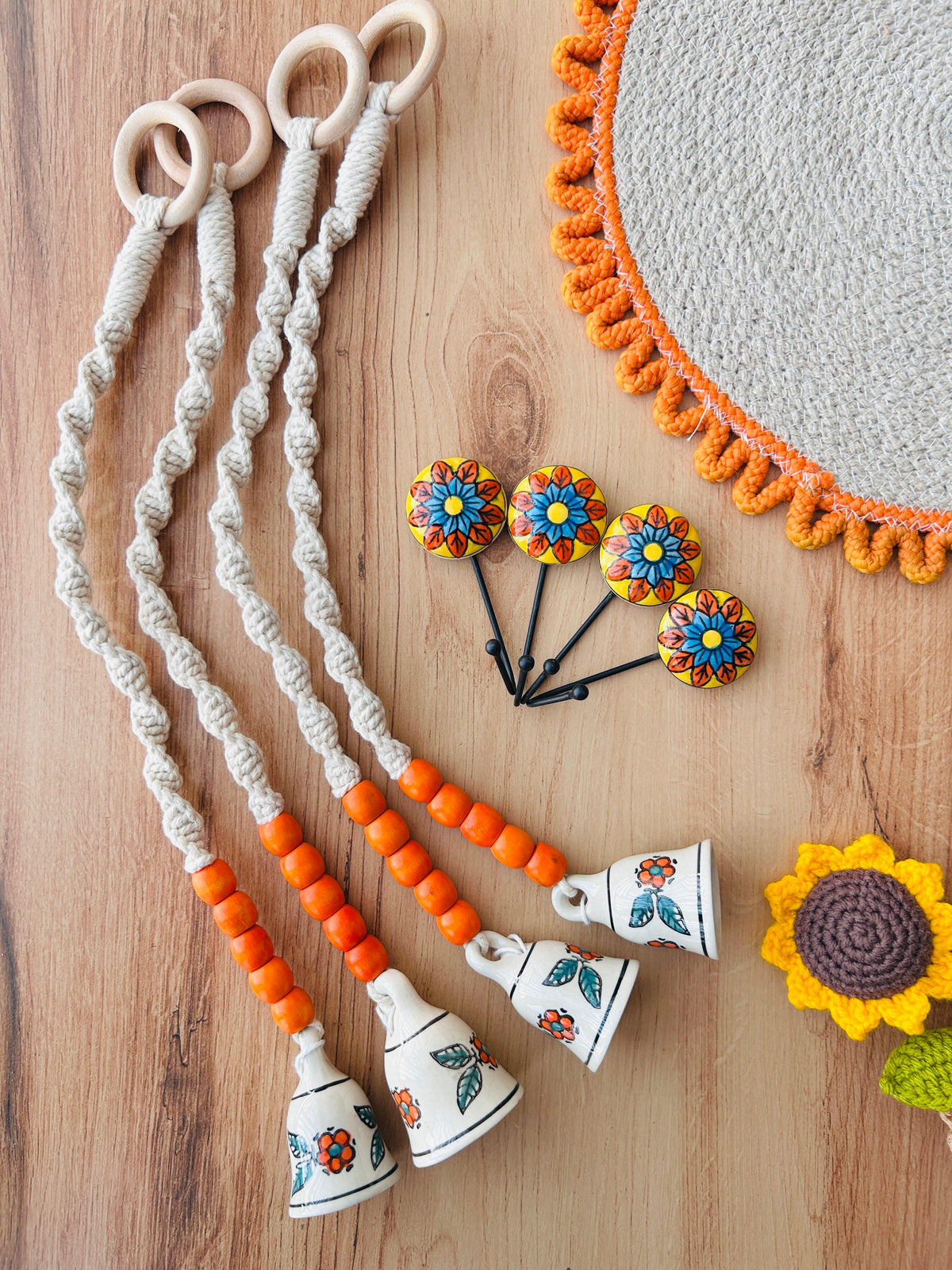 KESARI | Panchratna Temple Chimes | Ceramic Macrame Bells with Ceramic Hooks