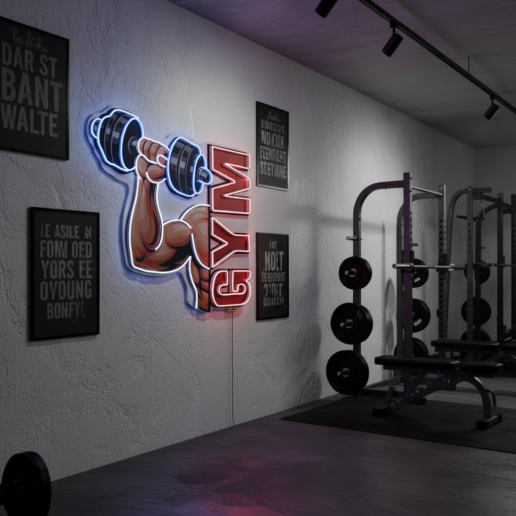 Gym LED Neon Wall Art – Dumbbell & Muscle UV Print Neon Sign for Fitness Center & Home Gym