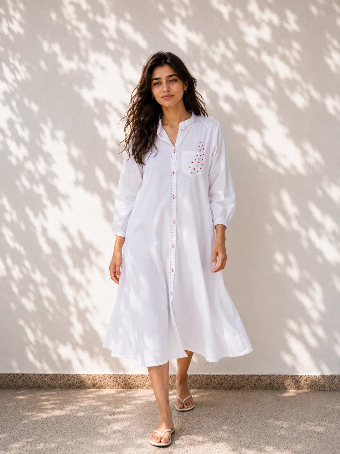 White Cotton Dress with Heart Embroidery