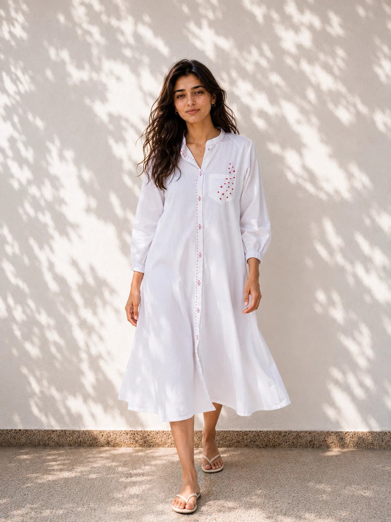 White Cotton Dress with Heart Embroidery