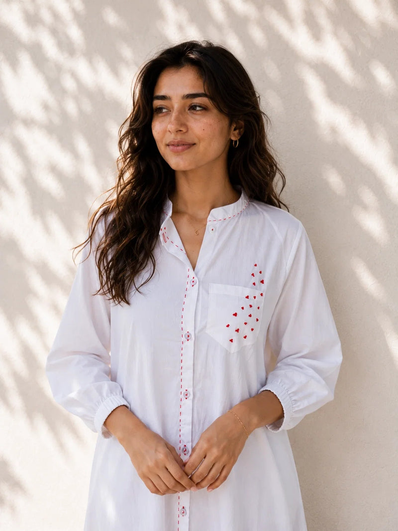 White Cotton Dress with Heart Embroidery
