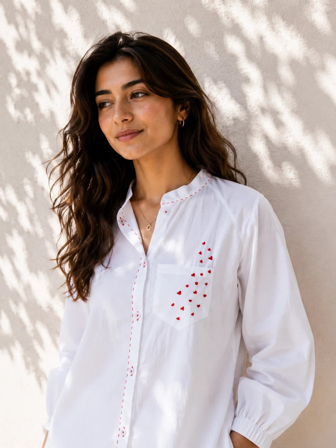 White Cotton Dress with Heart Embroidery