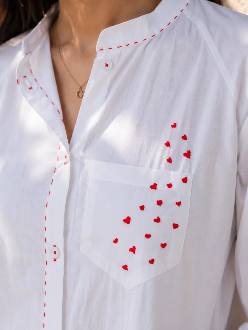 White Cotton Dress with Heart Embroidery