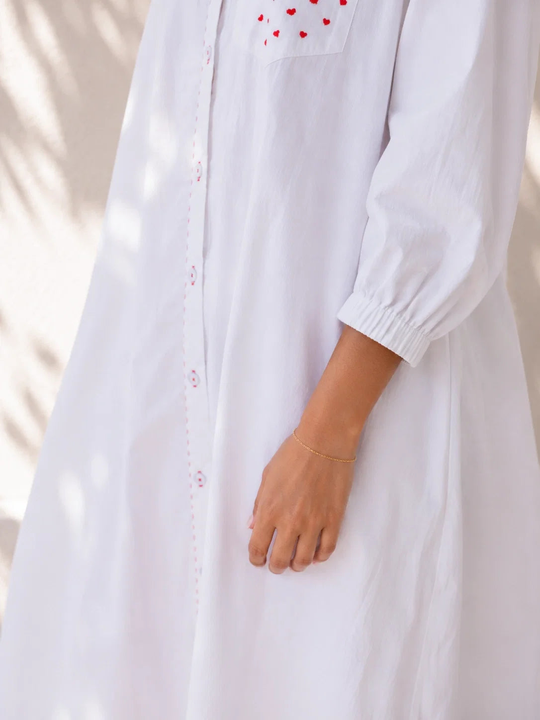 White Cotton Dress with Heart Embroidery
