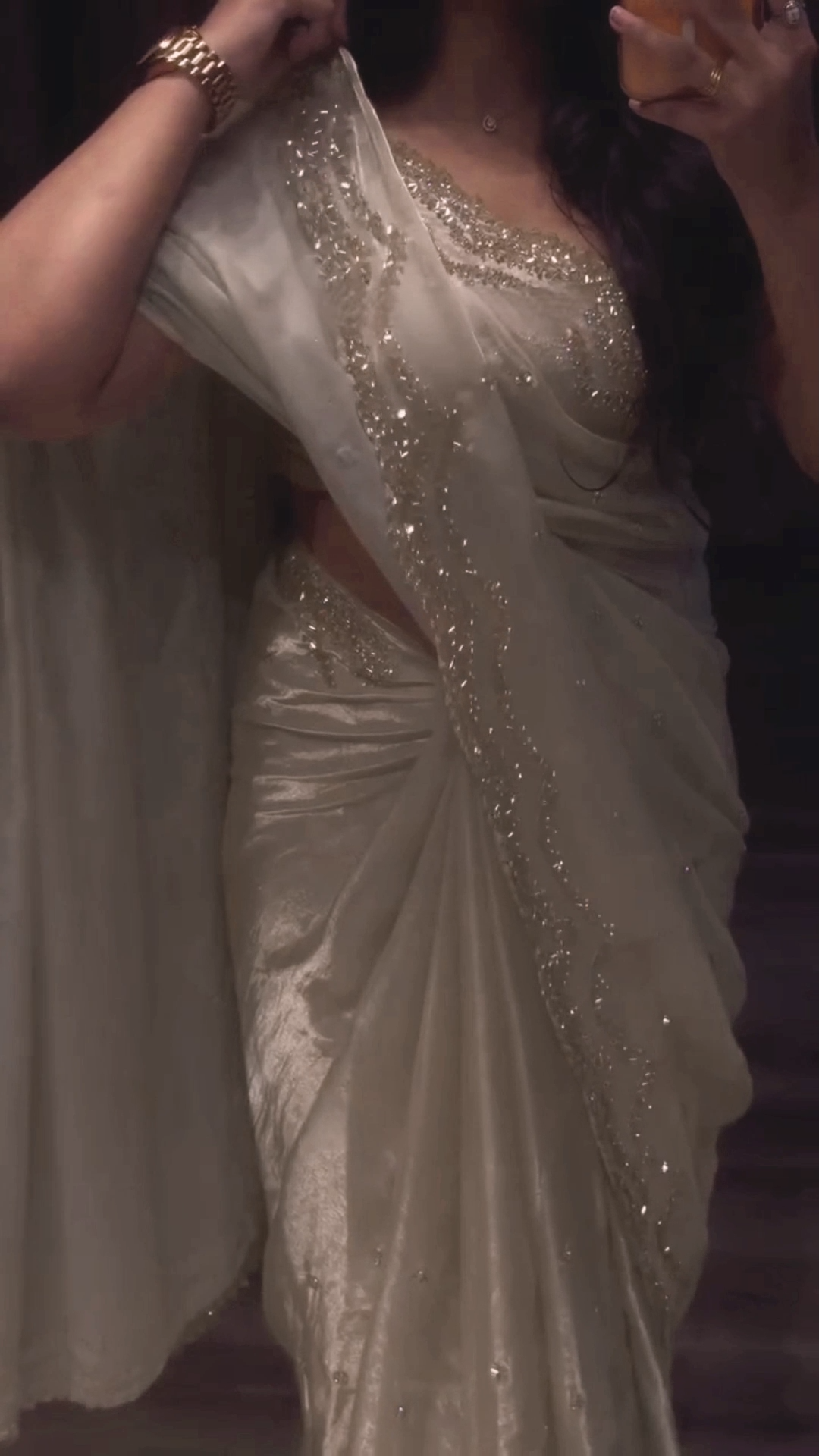 White Cutdana, Sequence & Zari Work Saree